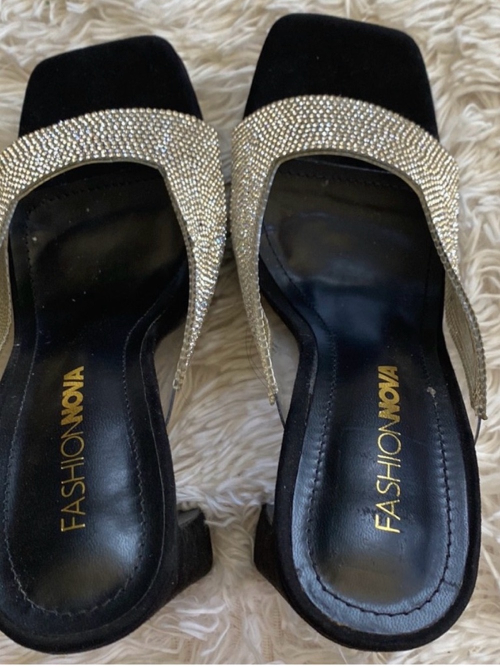 Fashion Nova Black Slide Heels with Rhinestone Straps